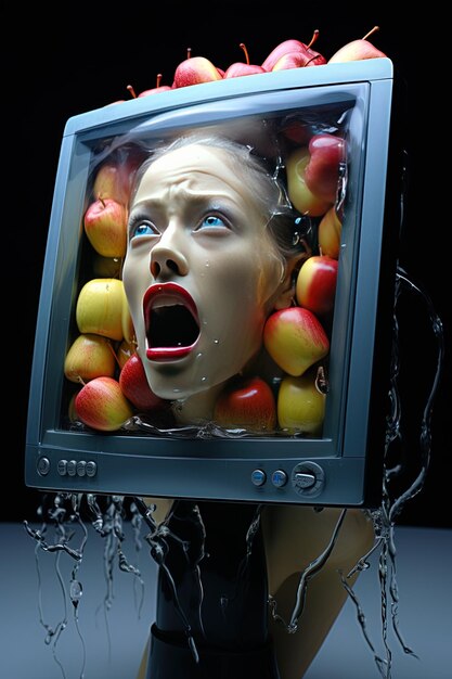 Photo a woman with her mouth open and a screen with apples in it