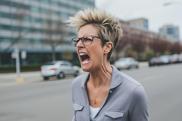 a woman with her mouth open wearing glasses