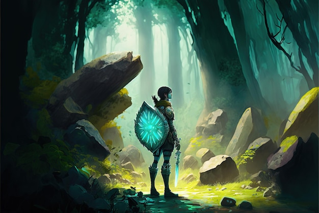 Woman with her sword looking at the mysterious floating stones in the forest digital art style illustration painting fantasy concept of a woman with sword