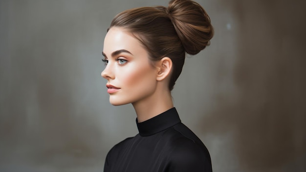 a woman with a high bun in a black dress