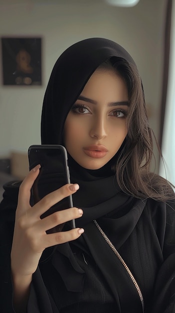 a woman with a hijab on her head is holding a phone