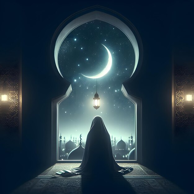 a woman with hijab is sitting in front of a window with a crescent moon in the background