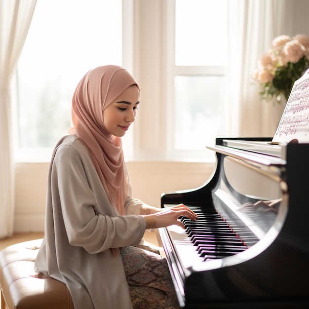 woman with hijab playing the piano