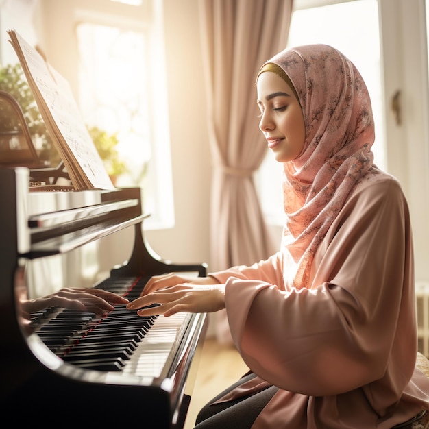 woman with hijab playing the piano