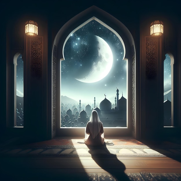 히자브를 입은 여성이 창문 앞에 앉아 달과 달을 배경으로 하고 있다.