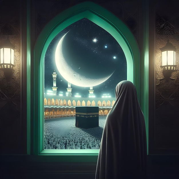 a woman with hijab stands in front of a window with a moon and Kaaba