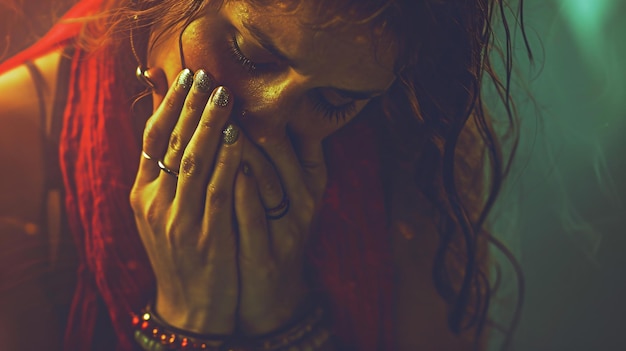 Woman with holy bracelet praying AR