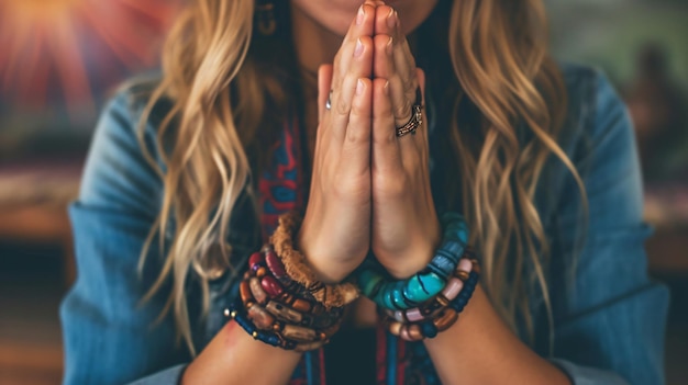 Photo woman with holy bracelet praying ar