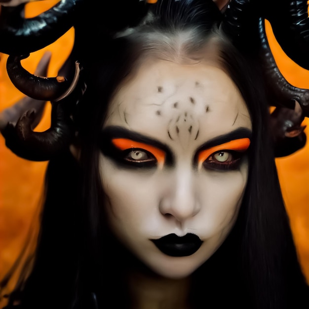 A woman with horns and a black face with orange and yellow paint.