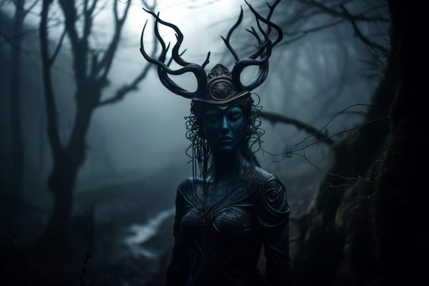 A woman with horns and a blue crown stands in a dark forest.