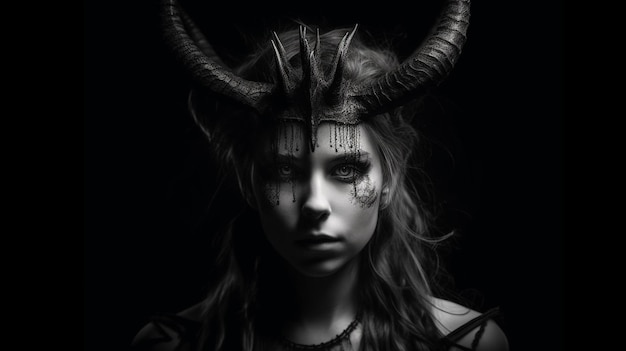 A woman with horns and a face painted on her facegenerative ai