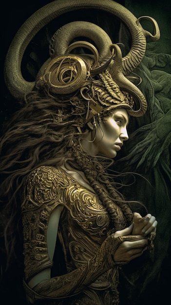 A woman with horns and a gold costume