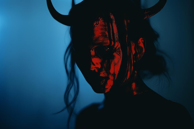 Photo a woman with horns on her face in a dark room