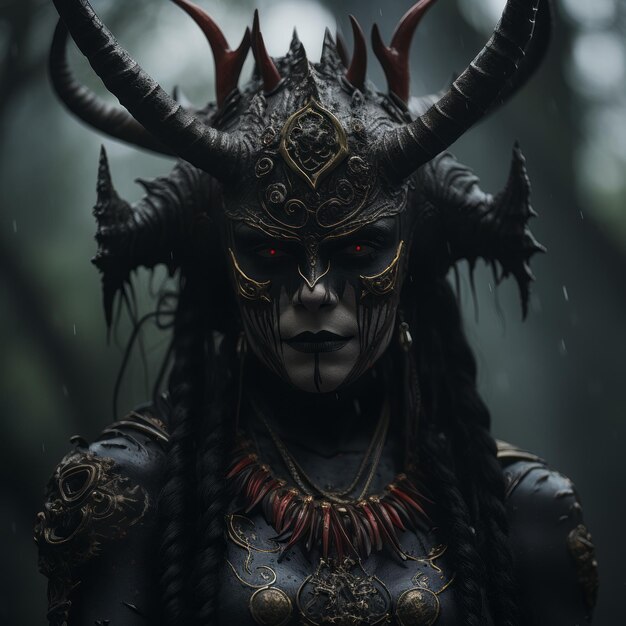 a woman with horns on her head in the woods