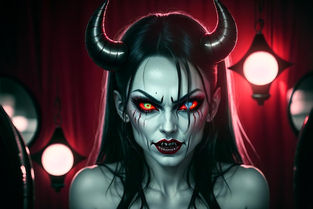 woman with horns in red jacket and devil horns