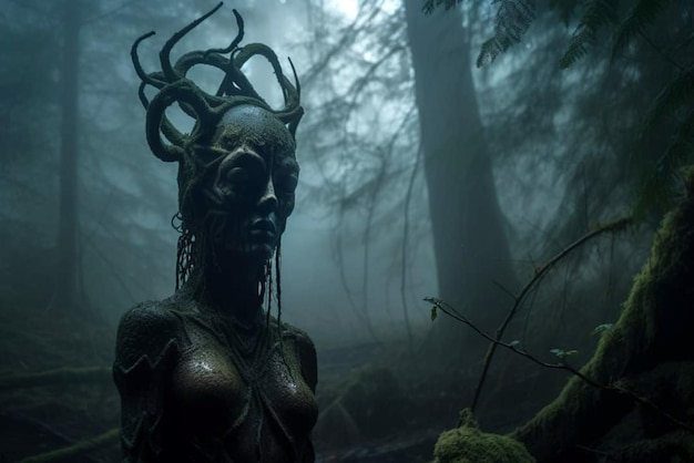 A woman with horns and a tree in the dark