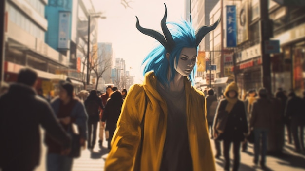 A woman with horns walks in a solapunk style Ai generated art