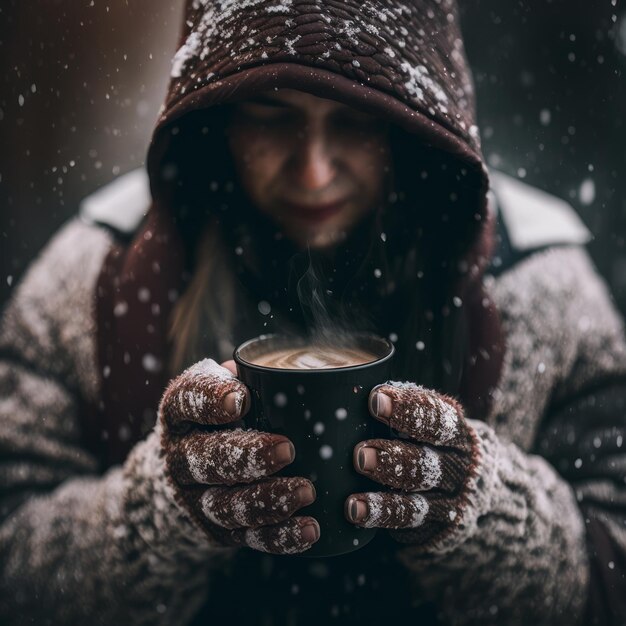 추운 날 에 뜨거운 커피 한 잔 을 마시는 여자