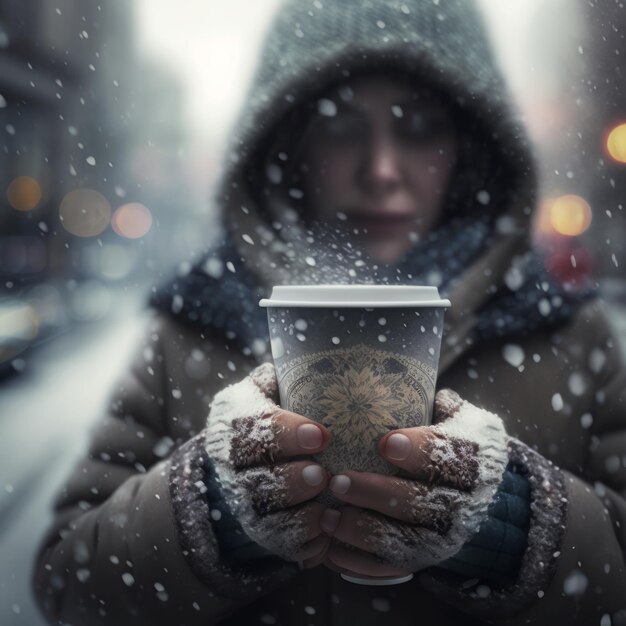 A woman' with a hot cup of coffee on a cold day