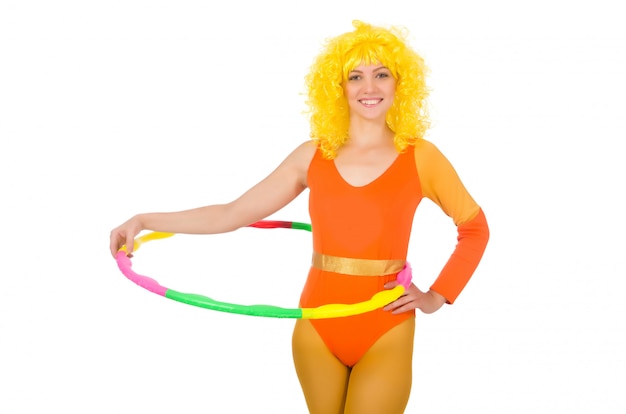 Woman with hula hoop isolated on white