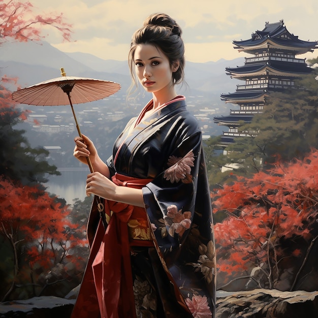 Woman with kimono and wagasa umbrella