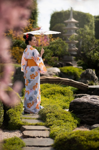 Foto donna con kimono e ombrello wagasa