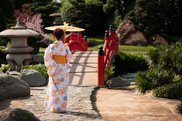 Foto donna con kimono e ombrello wagasa