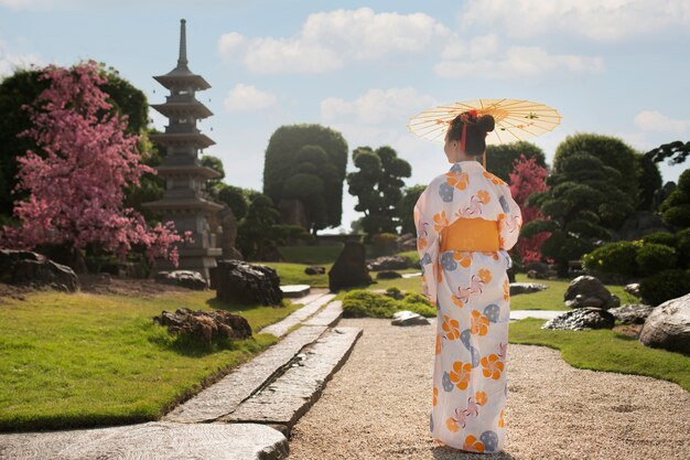 Foto donna con kimono e ombrello wagasa