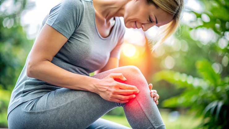 Photo a woman with a knee injury is sitting on a bench