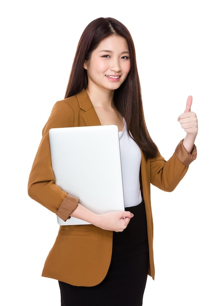 Photo woman with laptop computer and thumb up