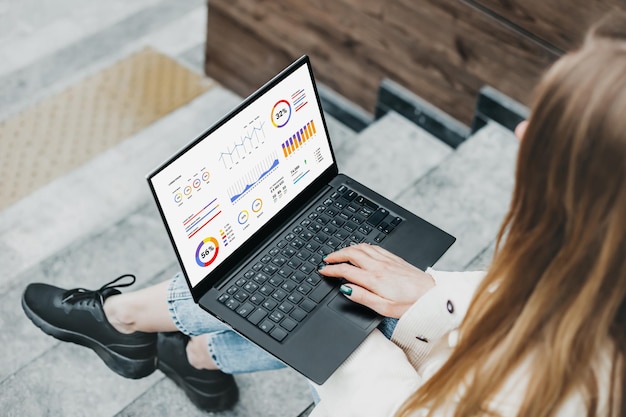 Woman with laptop and financial charts a graph of analytics and statistics at screen