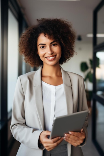 Photo a woman with a laptop on her chest stands in front of a window