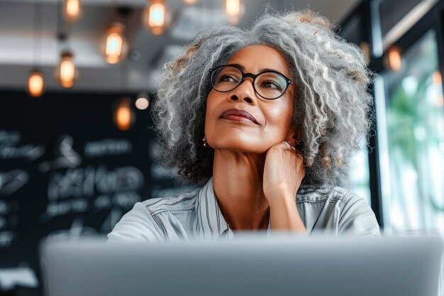 Foto una donna con un portatile è seduta a un tavolo