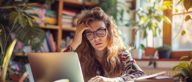 Foto donna con un laptop in ufficio sopraffatta dalla quantità di lavoro