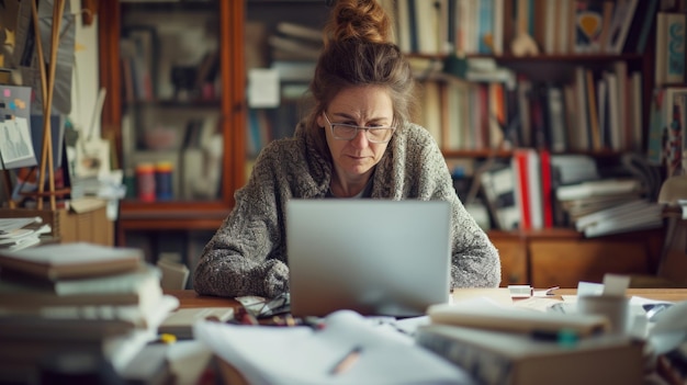 Woman with a laptop in the office overwhelmed by the amount of work