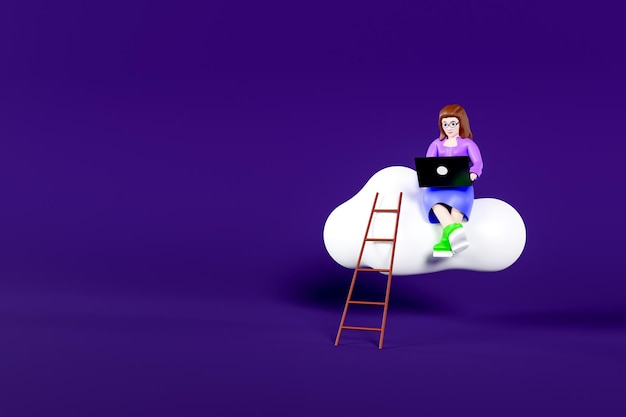 Woman with laptop sitting on cloud near stairs 3d illustration business concept in blue background