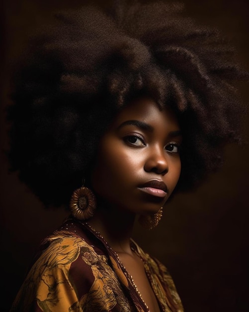 A woman with a large afro hairstyle and a brown background.