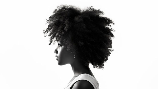 a woman with a large afro is looking away