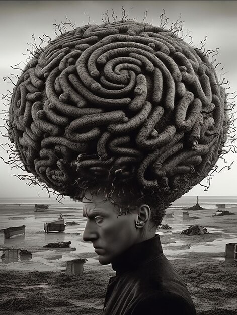 A woman with a large brain on her head