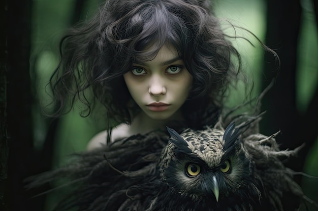 a woman with a large owl