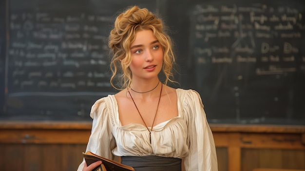 Photo a woman with layered hair is standing in front of a blackboard holding a book