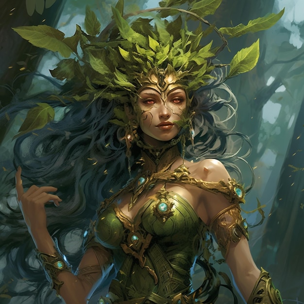 A woman with a leaf crown and a green dress with a crown on her head.