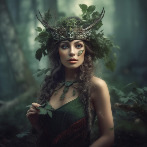 A woman with a leaf crown on her head stands in a forest.