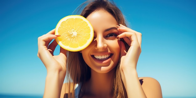 Foto donna con un limone nelle mani pelle bellezza nutrizione cosmetici naturali per la cura della pelle del viso