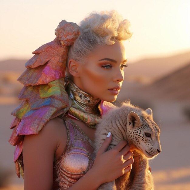 a woman with a leopard and a leopard on her back