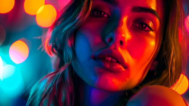 a woman with a light on her face is shown with the colors of the rainbow