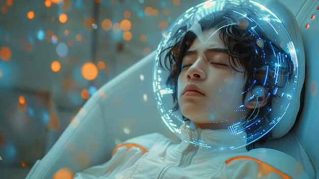 a woman with a light on her head is sleeping in an alien helmet