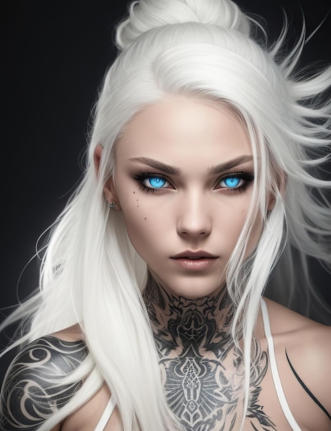 woman with light skin blue eyes silver hair and tattoos