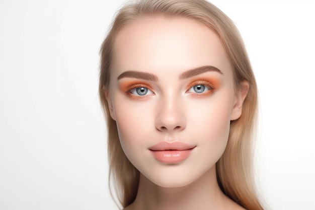 A woman with a light skin tone and a bright orange eye shadow