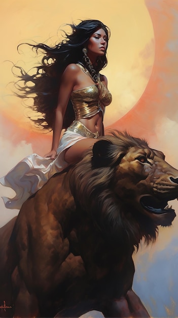 A woman with a lion and a sun in the background